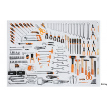 BETA 5957VI Työkalulajitelma 162-osaa teollisuus työkaluja. Hylsyavainsarja koot 10-32 vääntiö 1/2" ja kiintolenkit koot 6-30 mm. Pihdit, avaimet, meisselit, putkihylsyt ja lyöntityökalut